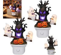 Animated Seesaw Ghosts Night Light, 3D Glowing Plug-in LED Lamp with Spooky Tree Pumpkins, Cute Halloween Decor Wall Light Gift for Bedroom Bathroom Hallway Homes