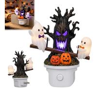 Animated Seesaw Ghosts Night Light, 3D Glowing Plug-in LED Lamp with Spooky Tree Pumpkins, Cute Halloween Decor Wall Light Gift for Bedroom Bathroom Hallway Homes