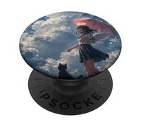 Anime Angel Girl & Black Cat Estética Lo-Fi Rain PopSockets PopGrip Adhesivo