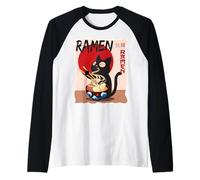 Anime Cat Ramen Instant Noodles Divertido Gráfico de Gato Japonés Camiseta Manga Raglan