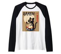 Anime Cat Ramen Instant Noodles Divertido Gráfico de Gato Japonés Camiseta Manga Raglan
