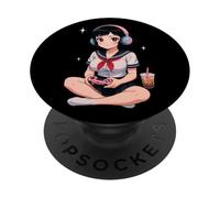 Anime Chica Japonés Juego Todo el Día Waifu Gamer Japón Boba Tea PopSockets PopGrip Adhesivo