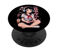 Anime Chica Japonés Juego Todo el Día Waifu Gamer Japón Boba Tea PopSockets PopGrip Adhesivo