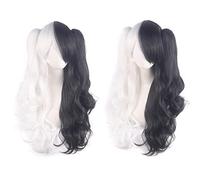 Anime Colorful Long Curly Wig With Claw Ponytail ita Synthetic Hair Black Red Auburn Pink Blue Halloween Party Wigs For Women OneSize blackwhite