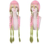Anime Cosplay peluca Demon Slayer: Kimetsu no Yaiba Disfraz de Halloween Kanroji Mitsuri Long Pink Green Trenzas Pelucas de pelo sintético PL-594