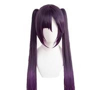 Anime cosplay peluca Game Genshin efecto Mona Megistus Cosplay peluca de pelo púrpura oscuro Twin Trasero+peluca gorra