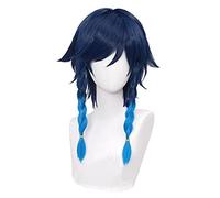 Anime cosplay peluca Genshin efecto Venti Cosplay unisex 50 cm azul peluca Cosplay Anime Trenza pelucas sintéticas resistentes al calor Halloween Cosplay