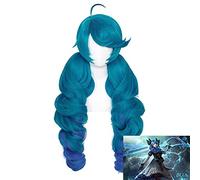 Anime cosplay peluca juego Gwen Cosplay peluca degradado azul ondulado parte lateral Gwen peluca con flequillo cola pelo sintético para fiesta de Halloween 80 cm