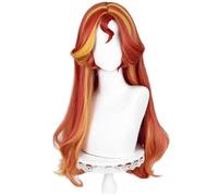 Anime Cosplay Wig for Sunset Shimmer Red Highlights Golden Mixed Color Hair Long Wavy Hair with Bangs Synthetic Fiber Wigs for Party