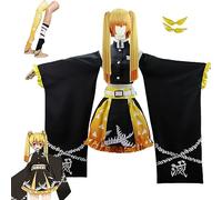 Anime Demon Slayer Agatsuma Zenitsu Traje de Kimono de Cosplay con Peluca,Abrigo Kimetsu No Yaiba Conjunto Completo Uniforme de Fiesta de Navidad de Halloween,Negro,M