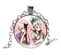 Anime Dr.Stone Collar Ishigami Senkuu Cute Cartoon Figure Glass Cabujón Colgante Gargantilla Mujeres Niños Niñas Regalo Joyería, Aleación de zinc
