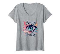 Anime es mi Terapia: Arte de Ojos Vibrantes para los fanáticos de Otaku, Anime Camiseta Cuello V, Mujer, Gris Jaspeado, XXL