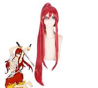 Anime Fairy Tail Erza Scarlet Cosplay peluca pelo sintético largo rojo oscuro para pelucas de disfraces de Halloween + 1 cola de caballo + gorra de peluca