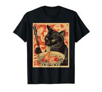 Anime Gato Negro Ramen Japonés Divertido Gato Kawaii Camiseta