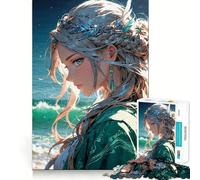 Anime Girl by The Sea Teenagers Puzzle 1000 Piezas Juego de Memoria Mental Cierre Seguro Sin Piezas Sueltas Juego de Inteligencia Ideal para Viajes Regalo (38x26cm)