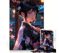 Anime Girl in Kimono︰ Enchanting Sakura Maiden Puzzle de 1000 Piezas para Adolescentes Bienestar Mental Ocio Relajado Bordes definidos Regalo sincero (50x75cm)