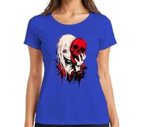 Anime Girl Red Calavera Gótica Emo Horror Camiseta Mujer, azul, L