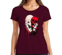Anime Girl Red Calavera Gótica Emo Horror Camiseta Mujer, granate, XL
