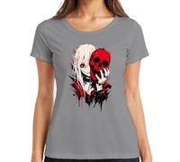 Anime Girl Red Calavera Gótica Emo Horror Camiseta Mujer, gris, L