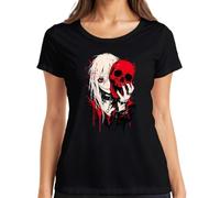 Anime Girl Red Calavera Gótica Emo Horror Camiseta Mujer, Negro , XXL