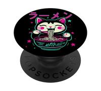Anime Ramen Cat Comiendo Fideos Japoneses y Gato Retro Kawaii PopSockets PopGrip Adhesivo