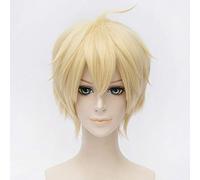 Anime Seraph of the End Mikaela Hyakuya peluca Cosplay hombres y mujeres pelo corto amarillo pelucas de fiesta de Halloween MM-854