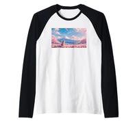 Anime Shiba Inu Bajo Sakura árbol con Monte Fuji Camiseta Manga Raglan