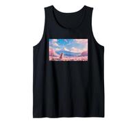 Anime Shiba Inu Bajo Sakura árbol con Monte Fuji Camiseta sin Mangas