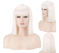 anime wigs cosplay christmas BoBo head blue green gray rice white black red pink Qi bangs anime cos nightclub female shoulder-length wave straight short wig color:714-4 white