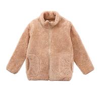 ANIMQUE Niños Pequeños Niñas Chaqueta de Lana Coral Collar del Soporte con Cremallera Padres Hijos Otoño Invierno Transiciones Estaciones Abrigo Cálido y Suave con Bolsillos para 1-15 Años, Caqui 140