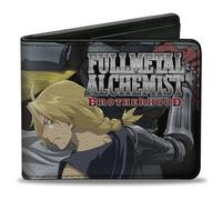 Aniplex - Cartera plegable con billetera estándar y ranuras para tarjetas, Fullmetal Alchemist Brotherhood Elric Brothers, pose de cielo amarillo, cuero vegano, Negro -, 4.0" x 3.5", Casual