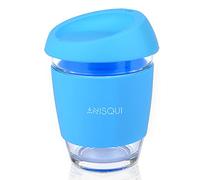 AniSqui Taza de café de Cristal Reutilizable (350ml, sin BPA, Tapa de Silicona)