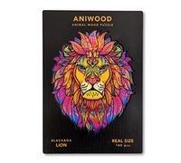 ANIWOOD Puzzle de Madera de Animales. Tapa troquelada, Caja a tamaño Real del Puzzle. 3 Modos de dificultad, Elemento Decorativo. Piezas únicas Originales de Animales (Small, León)
