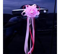 Aniyan 4 Stück Autoschleifen Hochzeit, Autoschmuck Hochzeit mit Perle, 14 x 30 cm Künstliche Rose für Türgriff Rückspiegel, Hochzeitsdeko Auto für Brautwagen(Rosa)