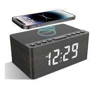 ANJANK Radiodespertador Digital con Carga inalámbrica, 10 W, Cargador rápido inalámbrico para iPhone y Android, Cargador USB y Pantalla LED Regulable, Funcionamiento con Red, Altavoz, Madera (Gris)