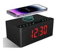 ANJANK Reloj Despertador Digital de Madera con Radio FM,estación de Carga inalámbrica rápida para iPhone/Samsung,atenuador,Puerto de Carga USB,Reloj Moderno de Madera para Dormitorio Junto a la Cama