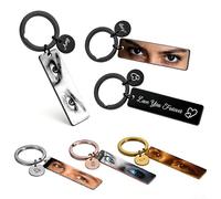 AnJeey Llavero personalizado con foto de ojo para parejas - Regalo de metal rectangular para novio/novia, esposo/esposa - Recuerdo grabado en ambos lados con frase (Te quiero, Conduce con cuidado)