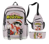 Anjinguang My Hero Academia/MHA - Mochila de 3 piezas con bolsa de almuerzo, estuche para lápices, juego de bolsas escolares MHA para niñas, niños, adolescentes, anime, cosplay, mochila, mochila para