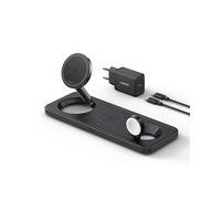 Anker Estación de Cargador Inalambrico iPhone 3 en 1 Plegable, Soporte de Carga Ultrarápida 15W Certificado Qi2 para iPhone 16/15/14 Series, AirPods, Apple Watch Ultra (con Cable y Cargador USB C)