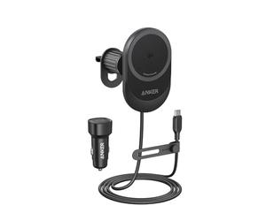 Anker MagGo Cargador Inalámbrico para Coche Compatible con MagSafe, Rápido de 15W, Ángulo Ajustable de 360° e Imanes Potentes, Soporte para Móvil iPhone 16/15/14 Series (Cable y Adaptador Incluidos)