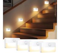 Ankilo Nueva Mini Luz con Sensor de Movimiento, Luz de Noche LED Inalámbrica con Batería, Luz de Pared, Luces de Armario, Luces Seguras para Escaleras, Pasillo, Baño (Pack de 4 - Blanco Cálido)