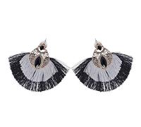 ANKROYU 1 Pair Retro Alloy Double Tassel Fanshaped Earring Ethnic Eardrop for Women Girls (Gris negro)
