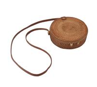 ANKROYU Bolsa de ratán Redondo Tejido a Mano Bolso de Playa ecológico con Correa de Cuero para Mujeres Accesorios de Moda de Verano 20 cm de diámetro (Hebilla de Cuero de Color Liso con Forro)