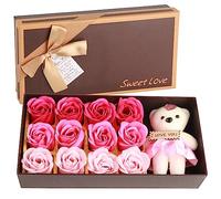 ANKROYU Romántico Rose Flower Fehip Bear Soap Bouquet Bouquet para el Día de San Valentín Aniversario del Día de la Madre con Caja de Recuerdos Rosa Rojo Azul púrpura 23.5cm (Gradiente Rosa)