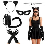 ANKUOFUA Disfraz de gato para mujer, disfraz de Catwoman para mujer, disfraz de 5 piezas con orejas de gato, cola de gato, guantes, máscara, disfraz de Catwoman para carnaval, accesorios de cosplay