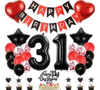 Anlgdi Set de decoración de 31 cumpleaños para mujer/hombre, color rojo y negro, 37 piezas, decoración para tartas, globos, pancartas, corazón y estrella, globos de papel de aluminio '31', confeti