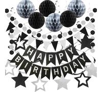 Anllecr Decoraciones de cumpleaños negras y plateadas, pancarta de feliz cumpleaños para hombres con bola de panal, serpentina colgante de estrella, decoraciones de guirnalda de puntos circulares,