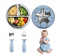 Anluomafuy Juego para Alimentación de Bebé, Juego de Vajilla Infantil de Acero Inoxidable con Plato Cuchara Tenedor para Niños Pequeños, Vajilla para Bebés y Niños con Funda de Silicona Extraíble