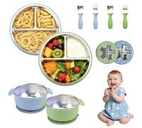 Anluomafuy Juego Vajilla Bebé 8 Piezas con Ventosa, Set de Comida para Alimentación de Bebé, Platos y Cuencos Acero Inoxidable， Cuchara y Tenedor, Vajilla para BLW para Bebés y Niños, Sin BPA