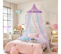 Anmas Power Princess Rainbow Bed Canopy with LED Light Colorful Mesh Stitching Mosquito Net Princess Dome Mesh Bed Canopy for Bedroom Decor Bed Netting